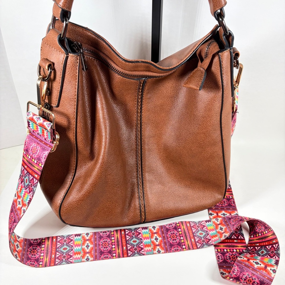 Realer Brown Vegan Leather Hobo Bag Southwestern Guitar Strap Crossbody Boho
